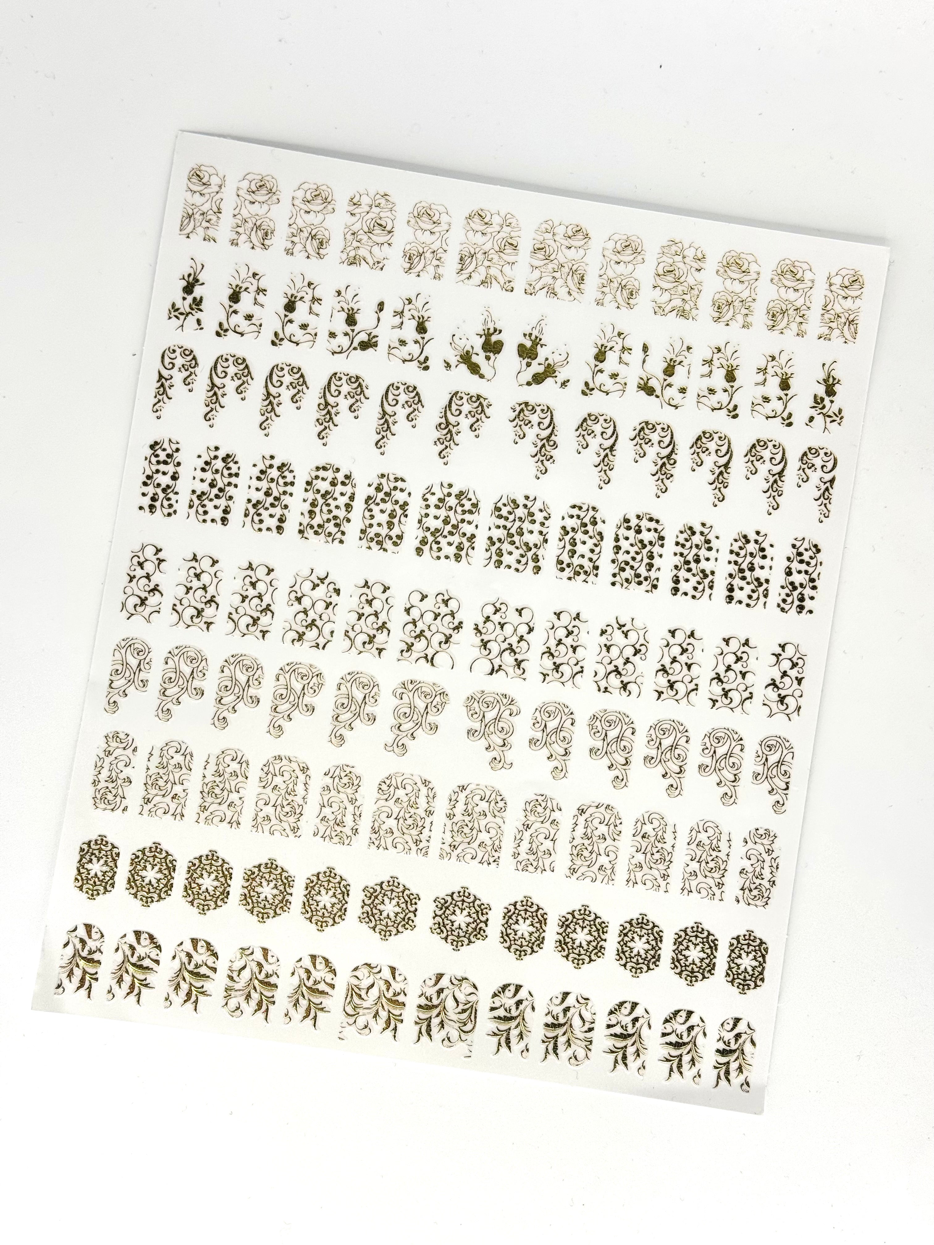 Gold 3D Nail Art Decals - Floral & Swirls Nail Sticker Sheet