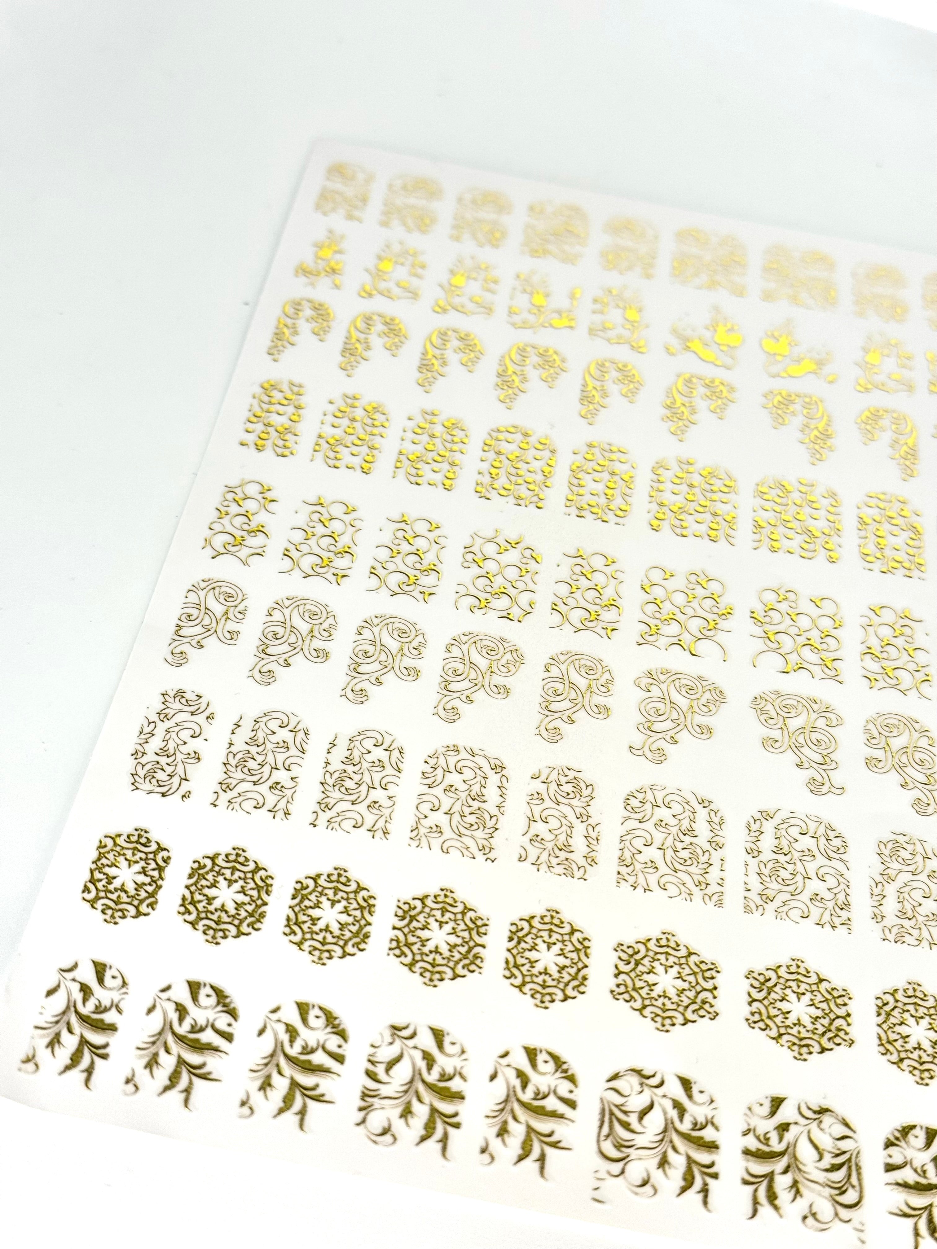 Gold 3D Nail Art Decals - Floral & Swirls Nail Sticker Sheet
