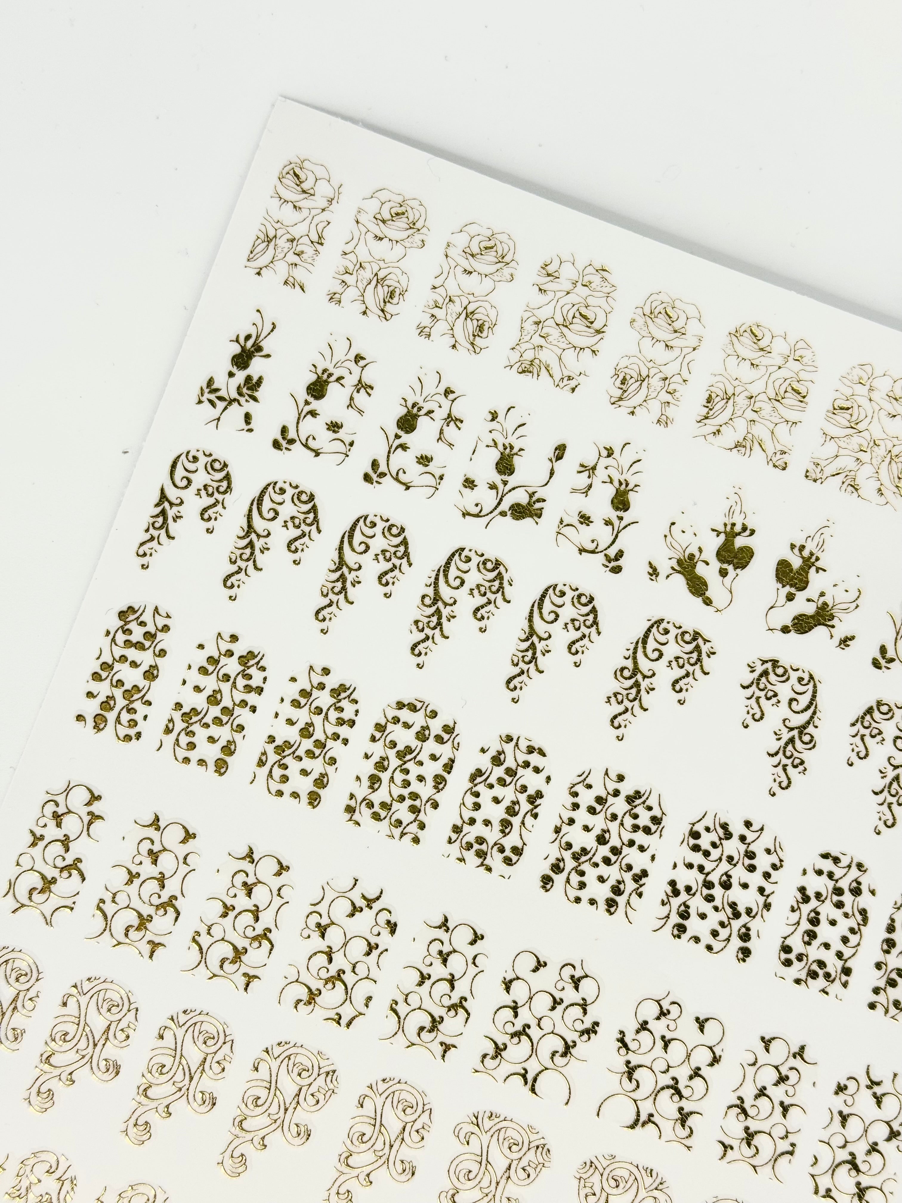Gold 3D Nail Art Decals - Floral & Swirls Nail Sticker Sheet