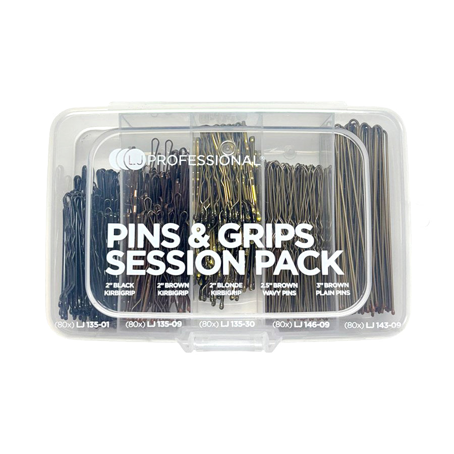 Clear container with hair pins and grips session pack on a white background