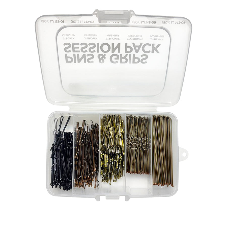 Clear plastic container with various hair pins and clips on a white background