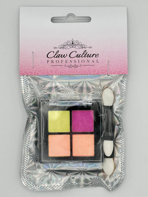 A Claw Culture nail art powder palette with metallic tones, including four colors and two applicators, packaged in a clear plastic bag with pink and silver design elements.