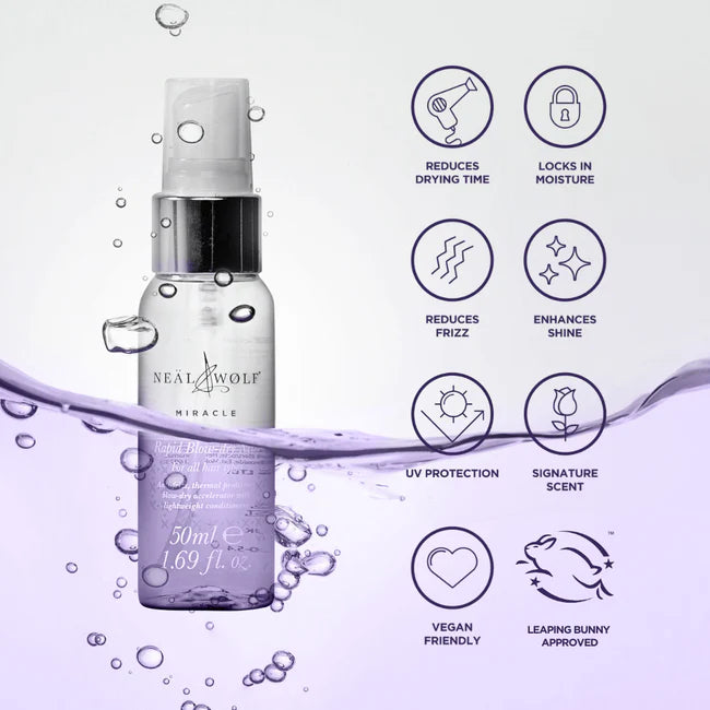 Neal & Wolf Miracle hair product bottle with features listed on a light purple background