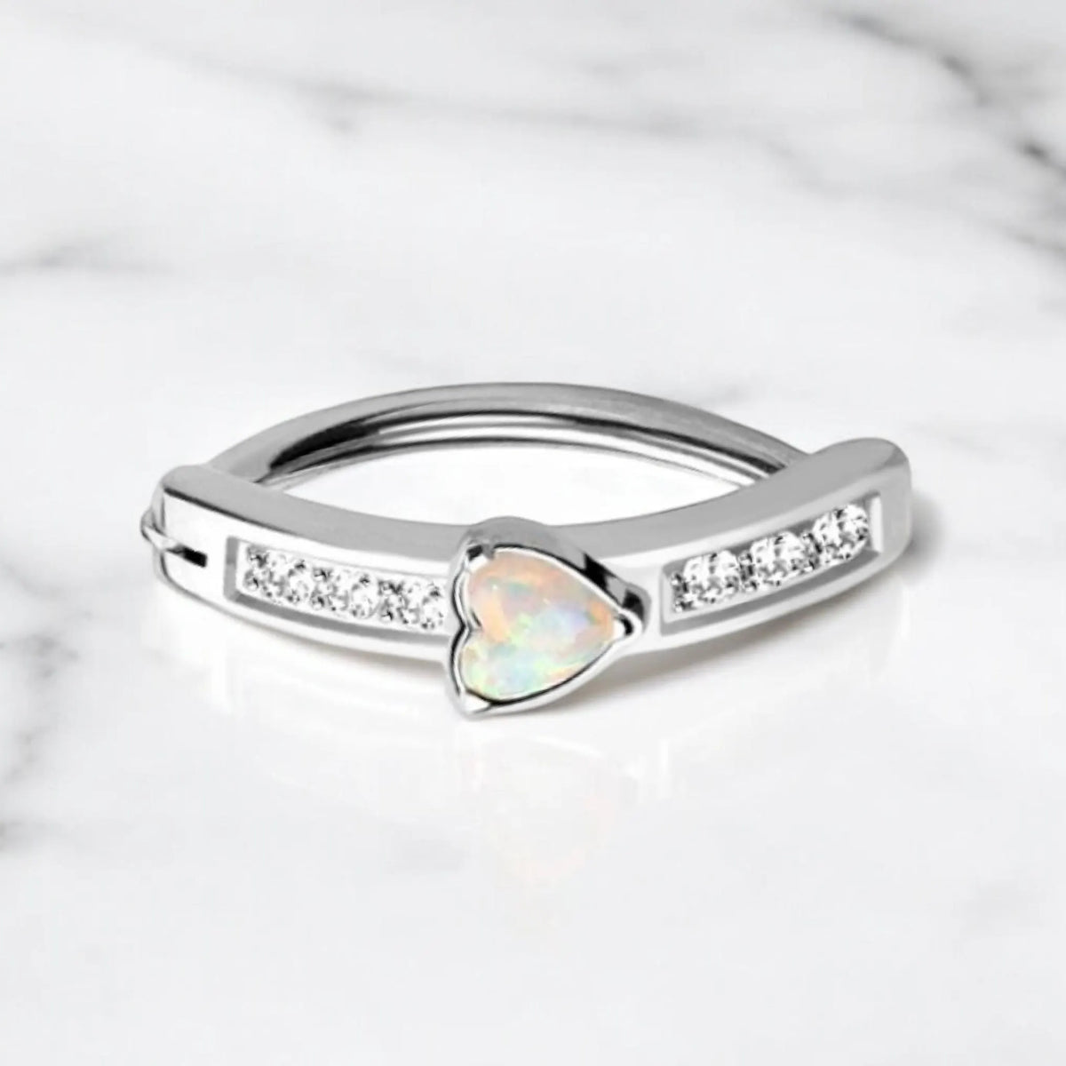 Diamante and Opal Heart Clicker Navel Ring in Silver or Gold 10mm Surgical Steel