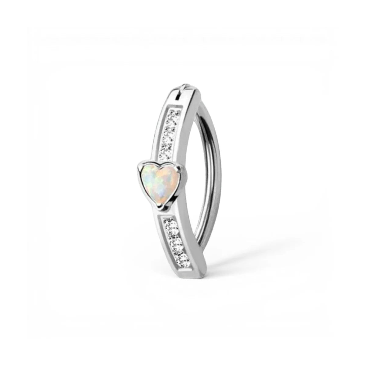 Diamante and Opal Heart Clicker Navel Ring in Silver or Gold 10mm Surgical Steel