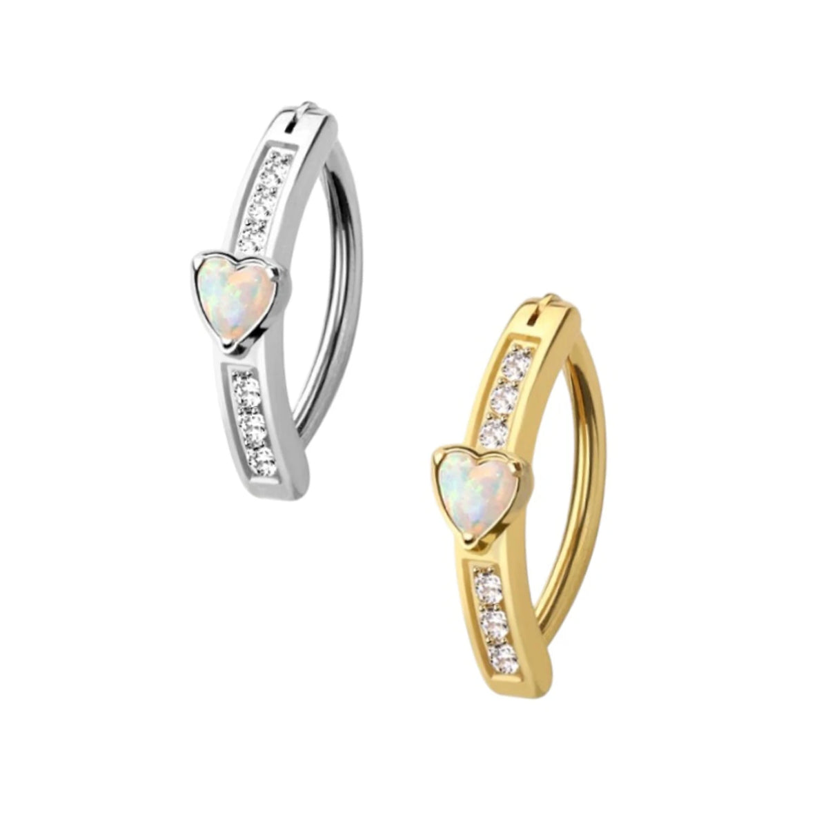 Diamante and Opal Heart Clicker Navel Ring in Silver or Gold 10mm Surgical Steel