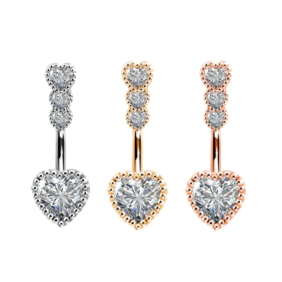Triple Sweetheart Crystal Navel Bar 3 Set 10mm