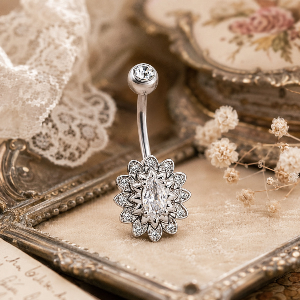 Stunning Silver Floral Point Navel Bar