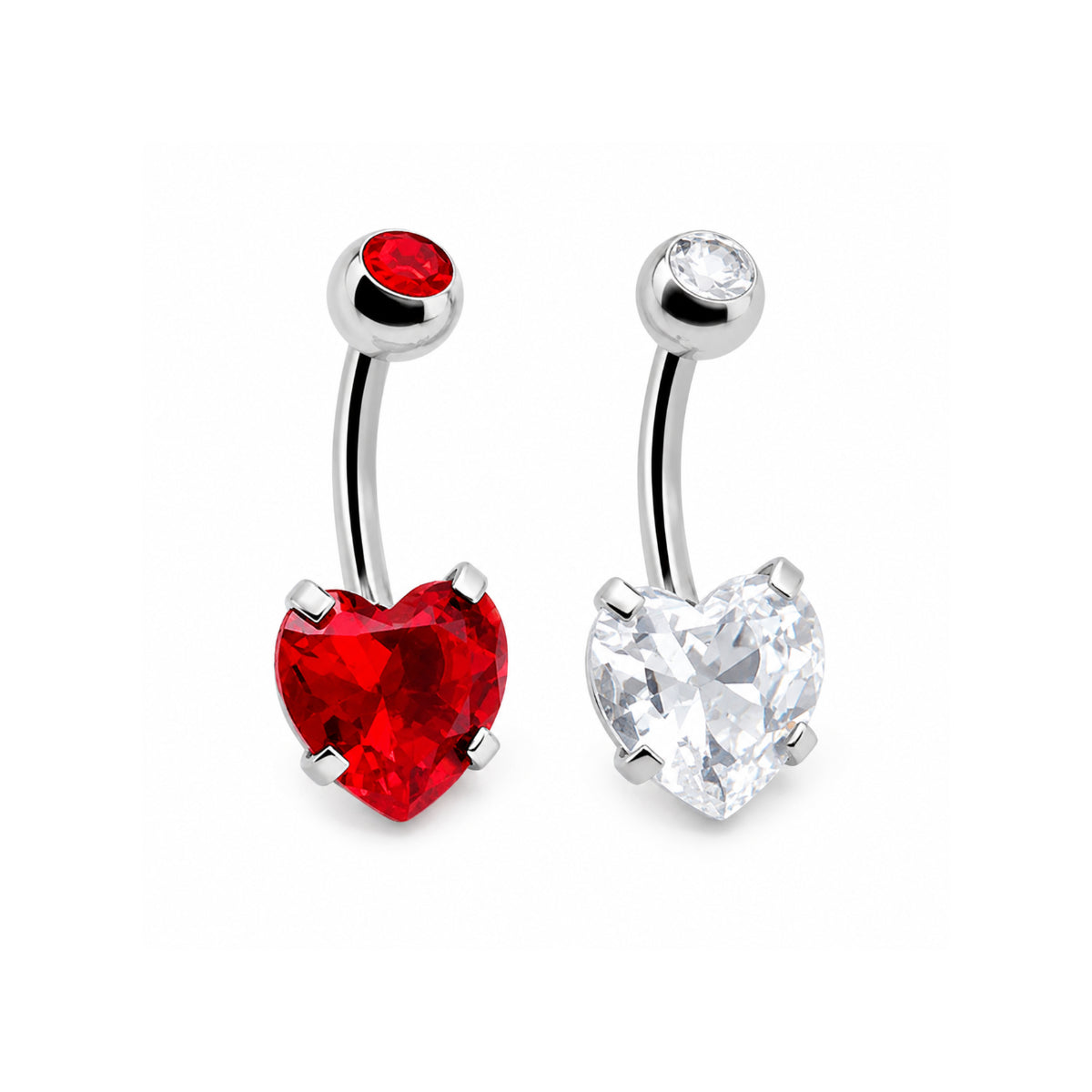 Heart Gem Navel Bar 2pck Red and Clear 10mm