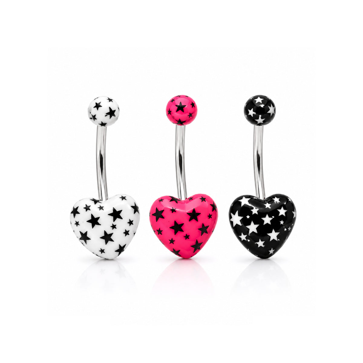 Graphic Heart and Star Navel Bars 3 Pack 10mm or 12mm