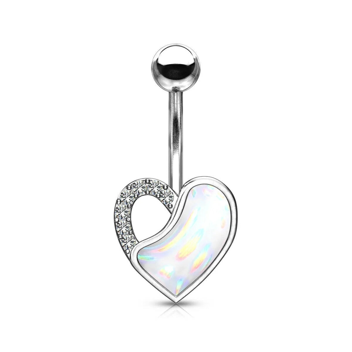 Silver & Half Opal Heart Navel Bar