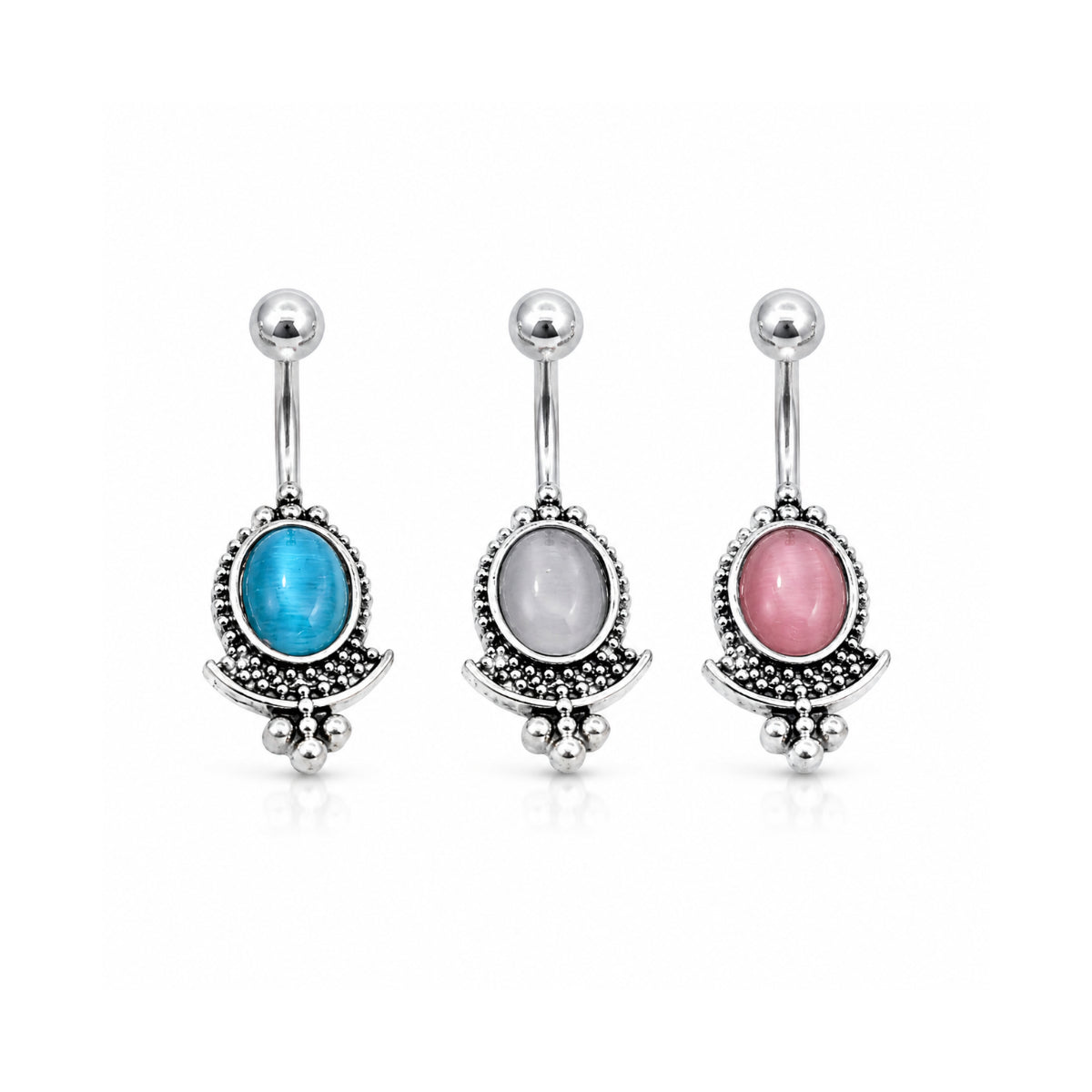 Boho Silver Navel Bar With Coloured Stones 10mm 3pck