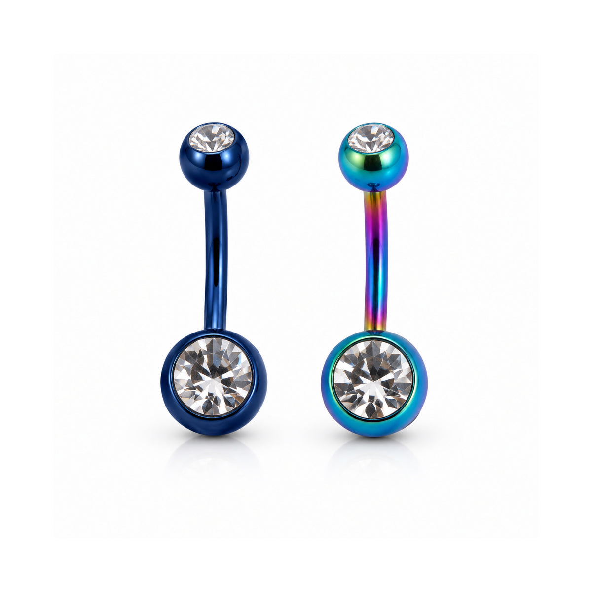Anodised Iridescent Navel Bars with Clear Gems 2pk