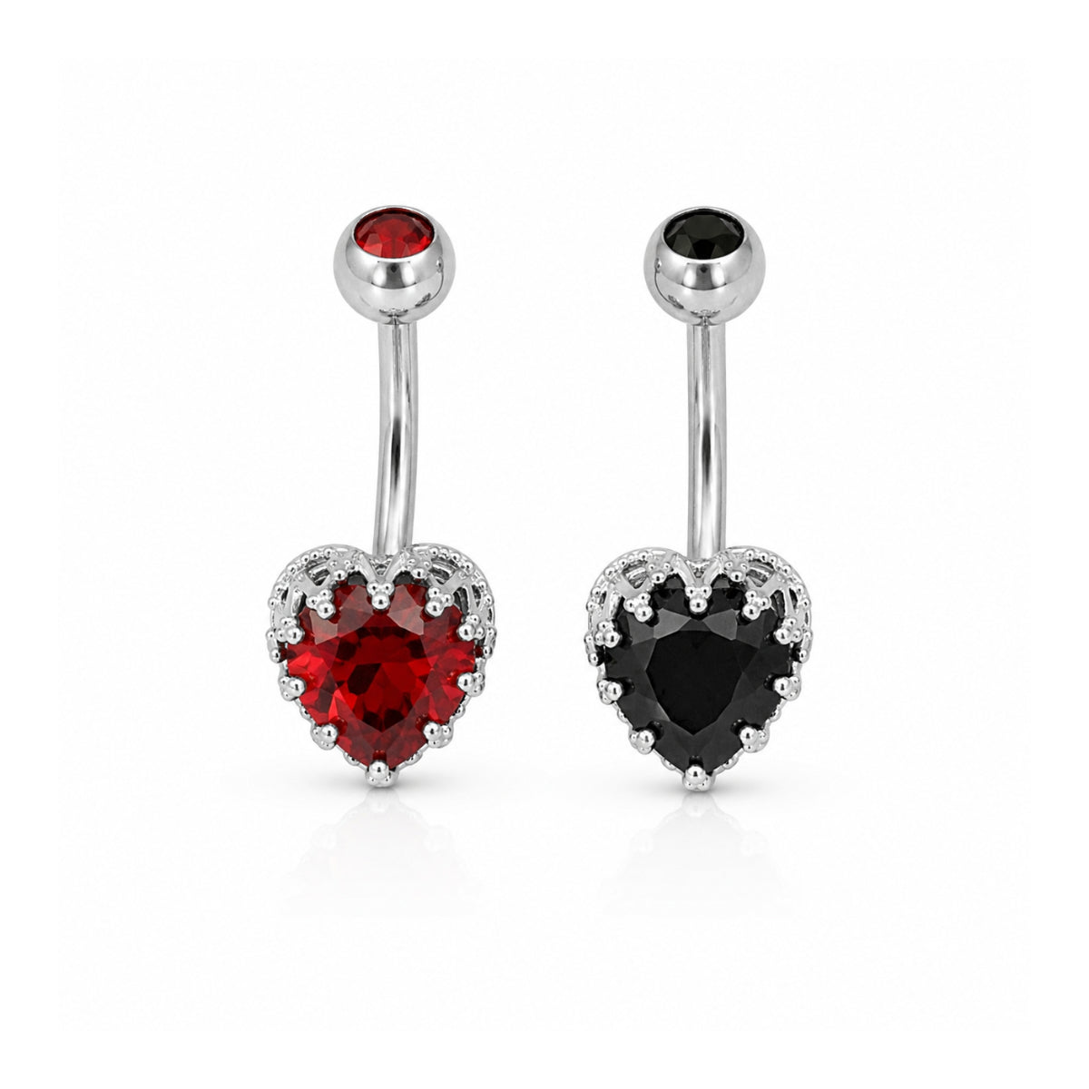 Heart Shaped Gem Held in Crown Clasp Navel Bar - Red & Black 10mm