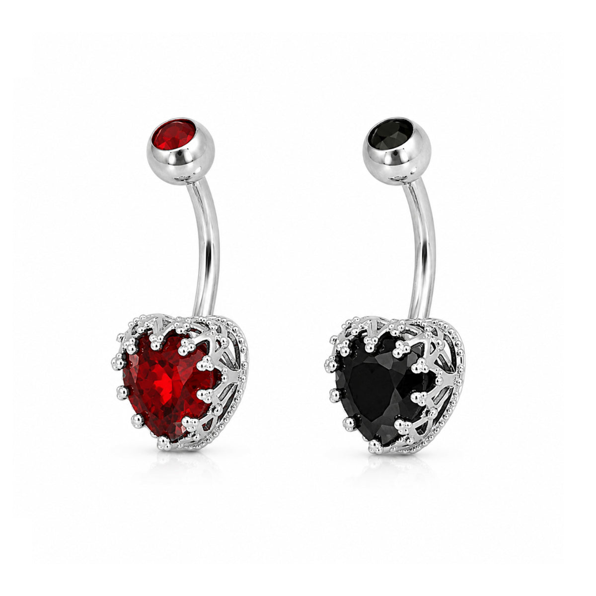 Heart Shaped Gem Held in Crown Clasp Navel Bar - Red & Black 10mm