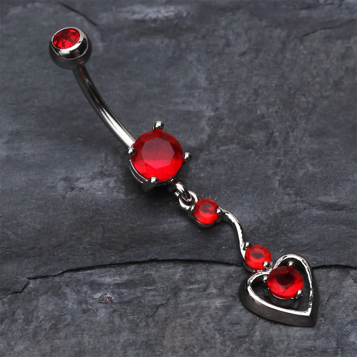 Red Gem and Heart Dangle Navel Bar 8mm