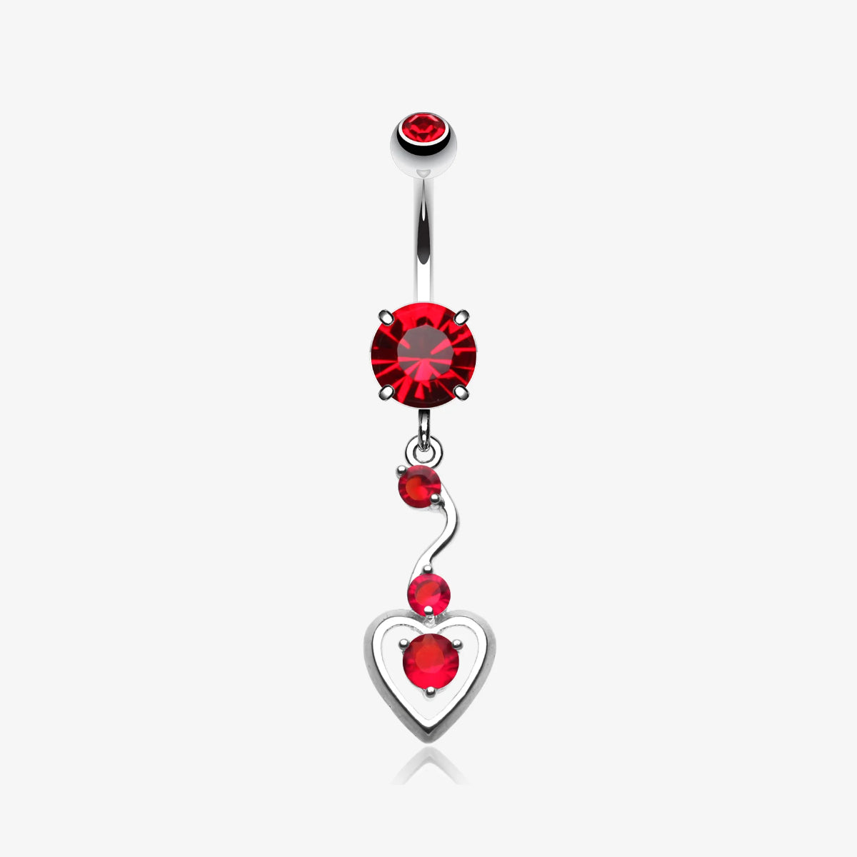Red Gem and Heart Dangle Navel Bar 8mm
