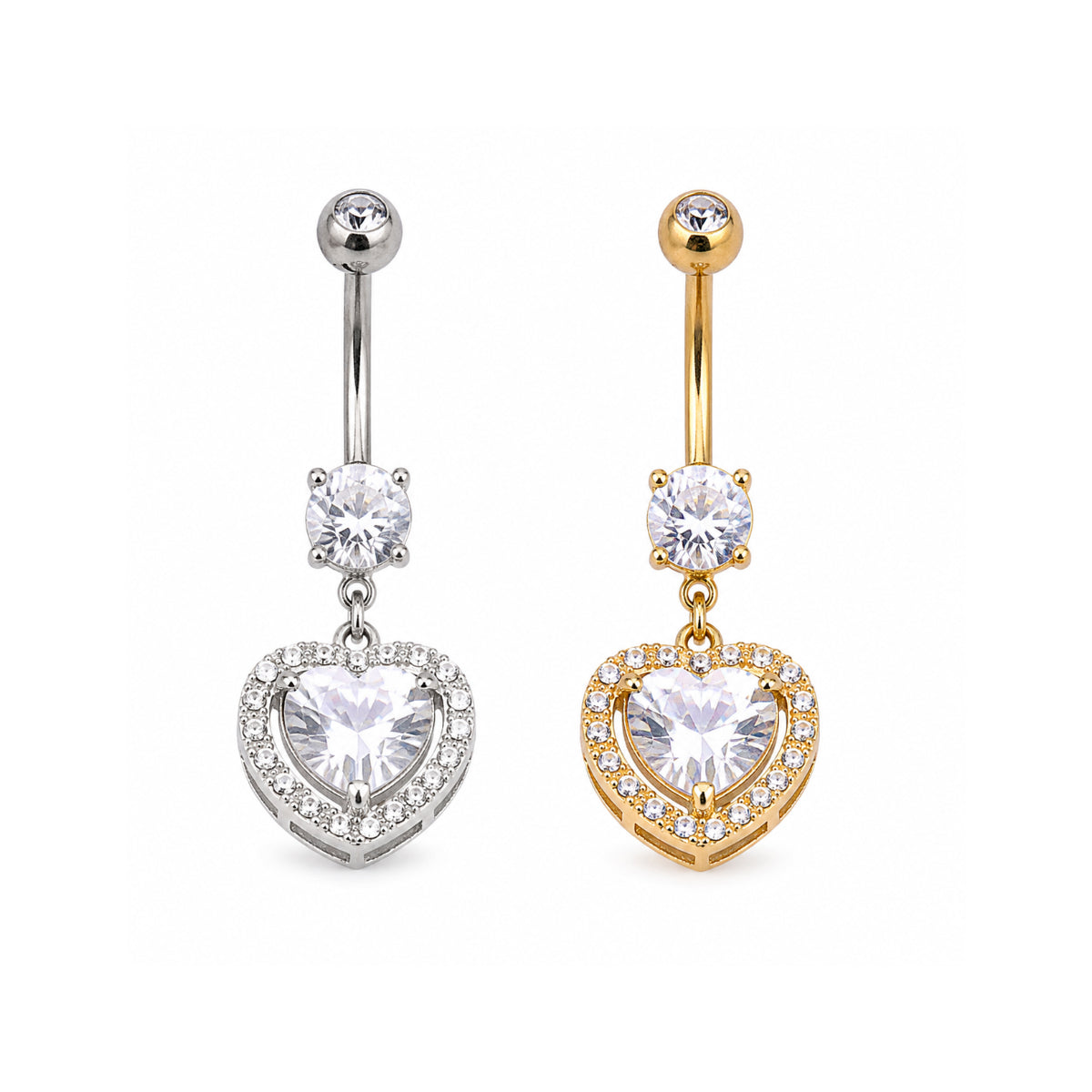 Chunky Dangle Heart Charm Navel Bar Gold or Silver, 10mm or 12mm