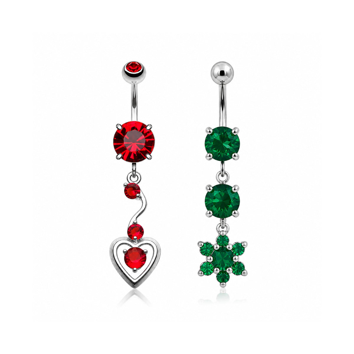 Red and Green Dangle Navel Bars 2 Pack 10mm