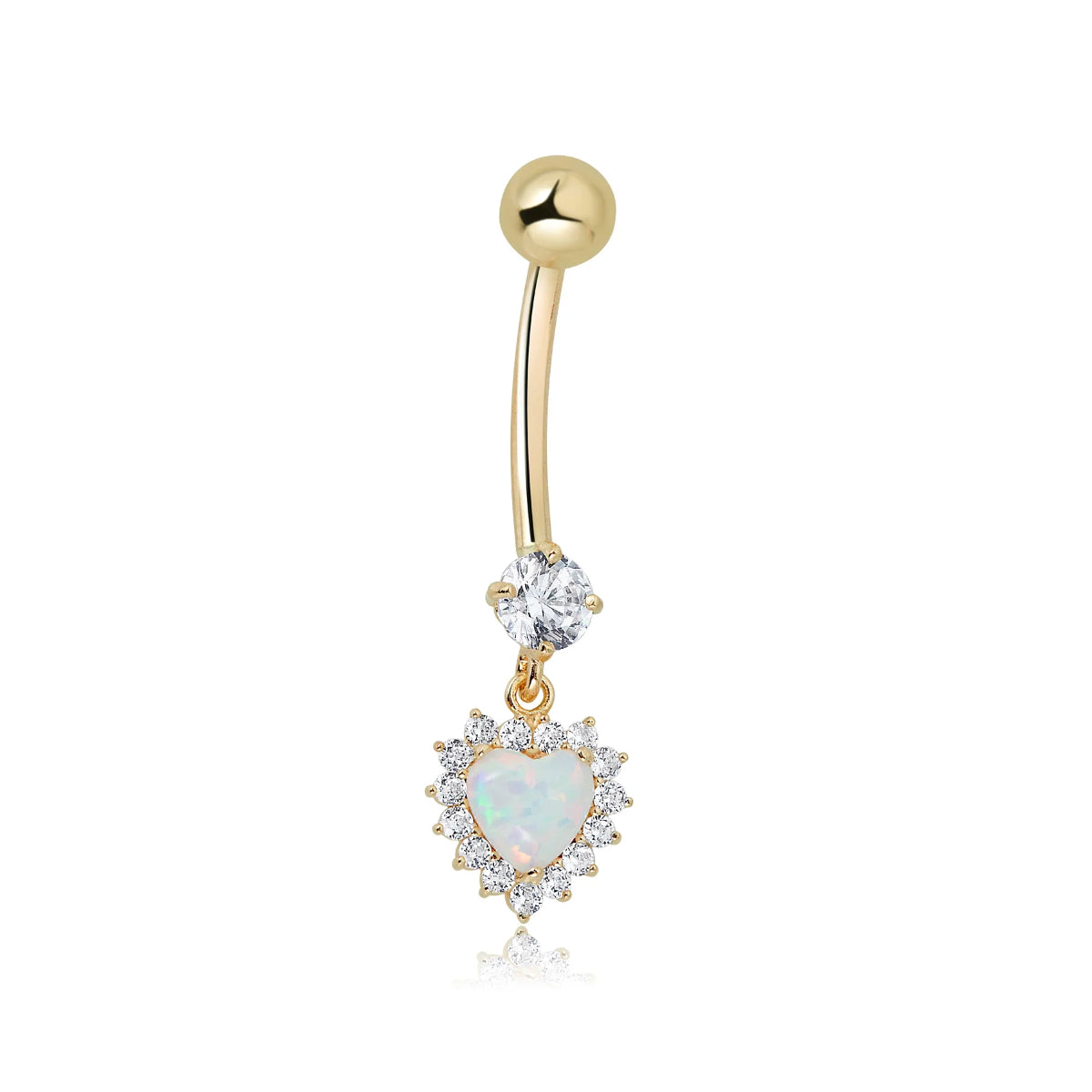 Gold Navel Bar With Opal Heart Dangle 10mm or 12mm