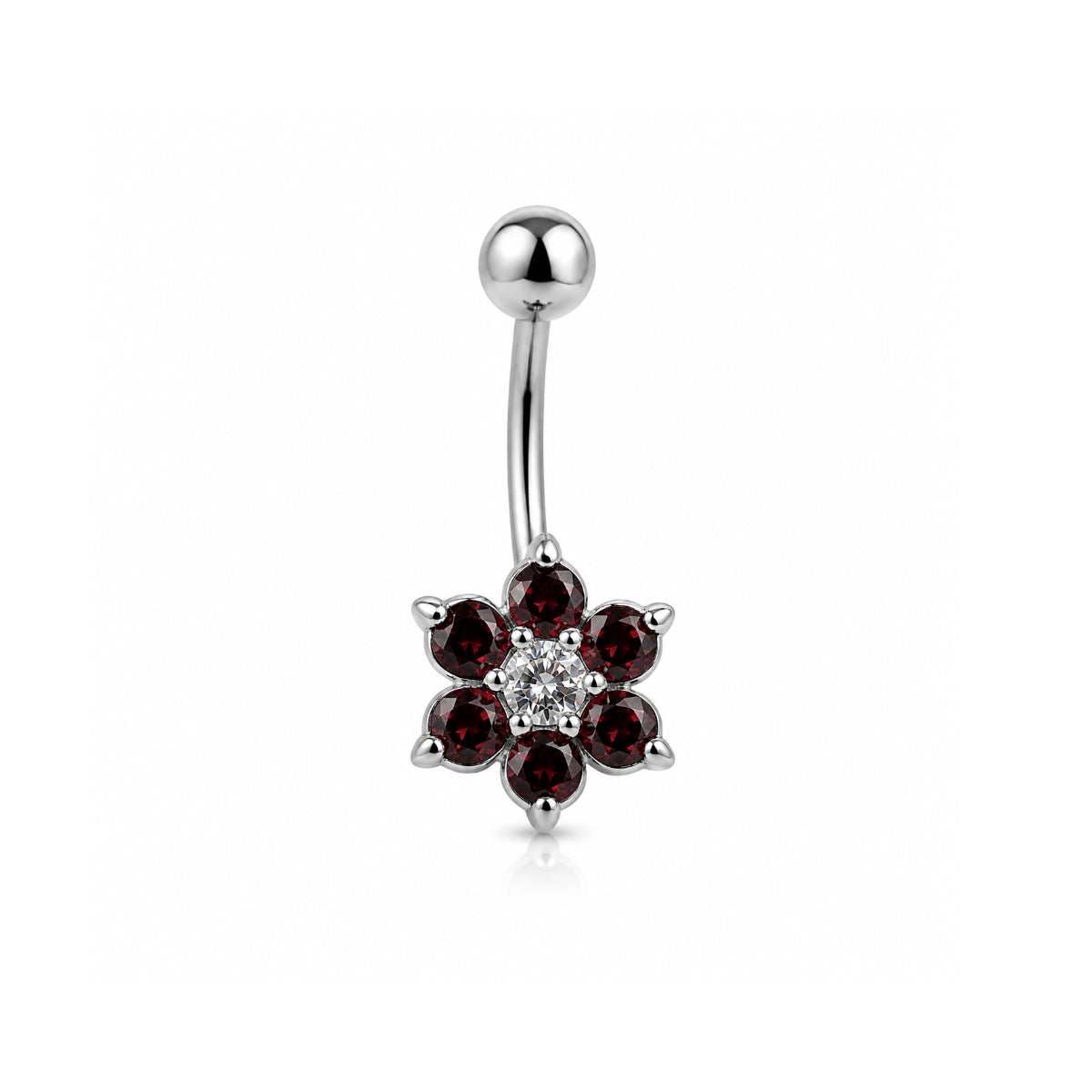 Silver With Deep Burgundy Flower Gem Navel Bar 10mm or 12mm