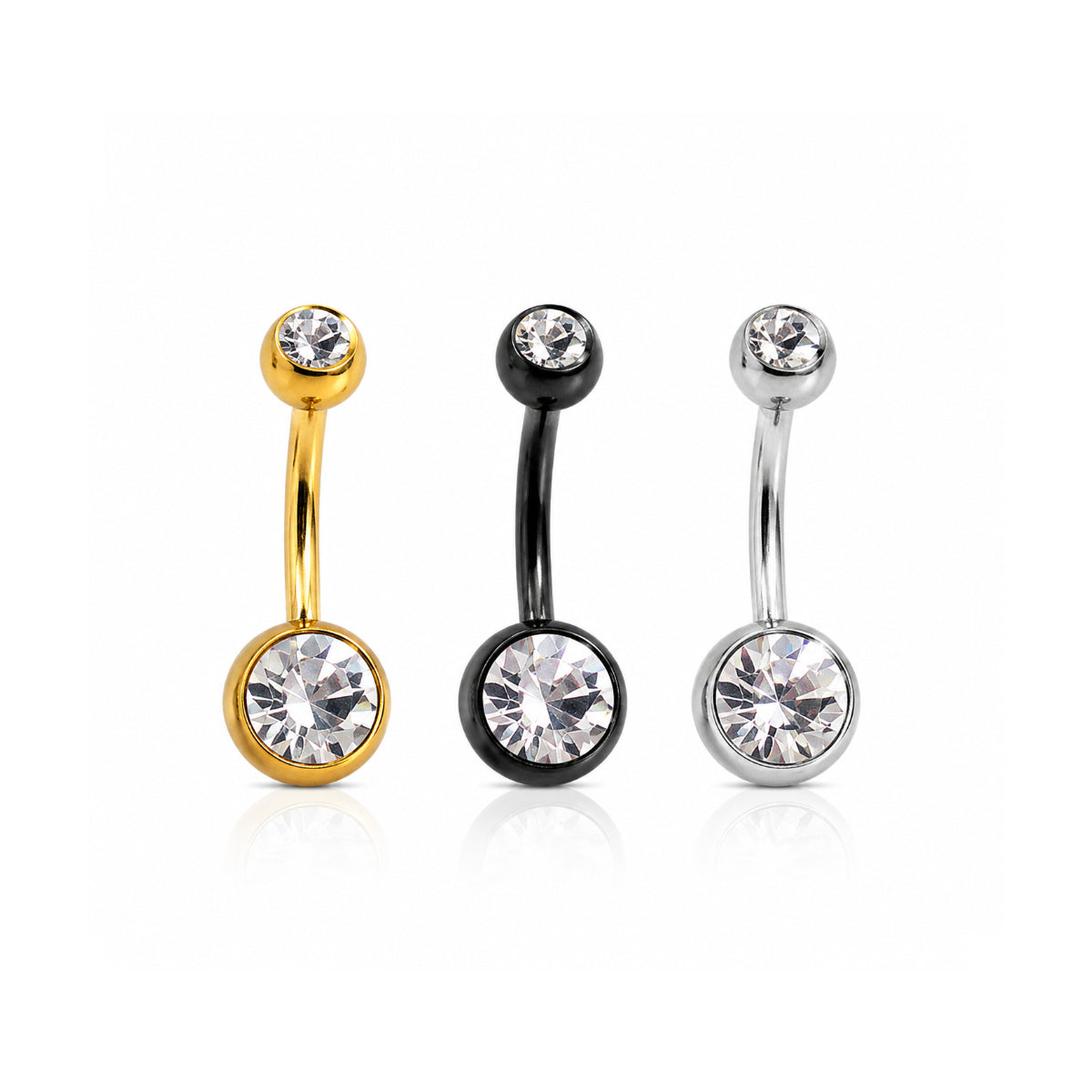 3 Set Black, Gold and Silver Clear Gem Navel Bars 10mm or 12mm
