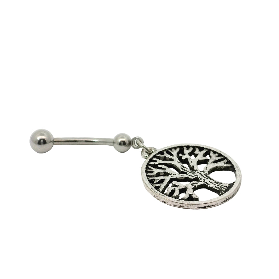 Silver belly button bar with tree of life design on a white background