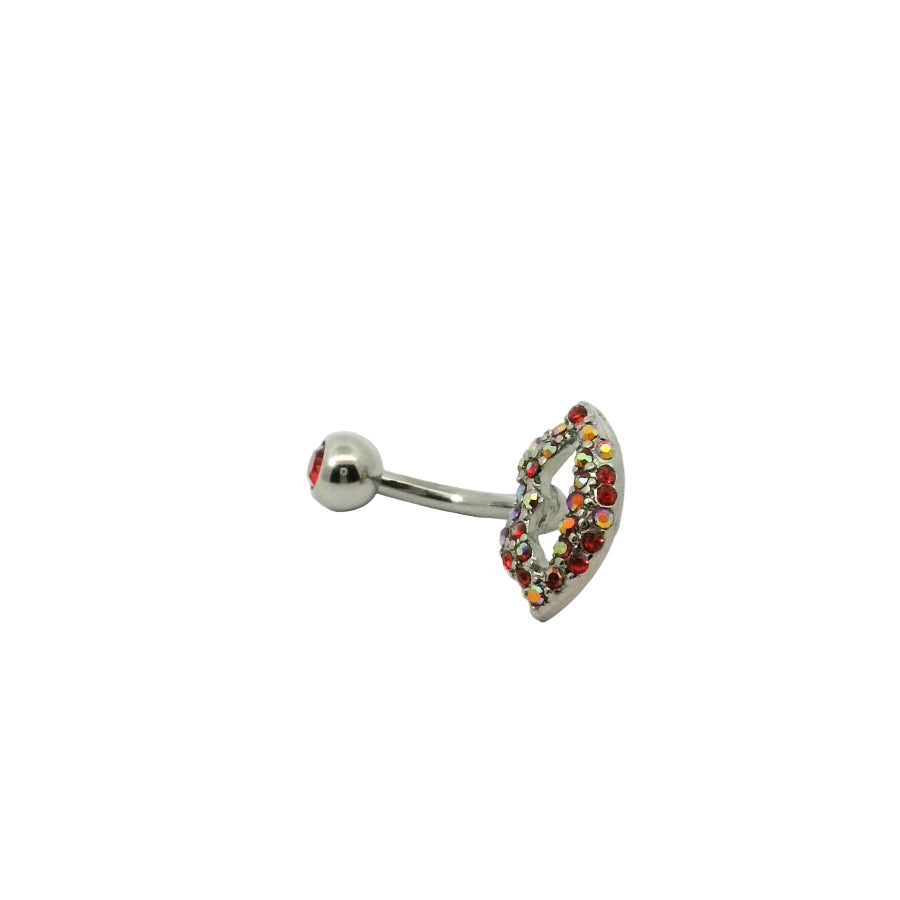 Belly button bar with colourful gemstones on a white background