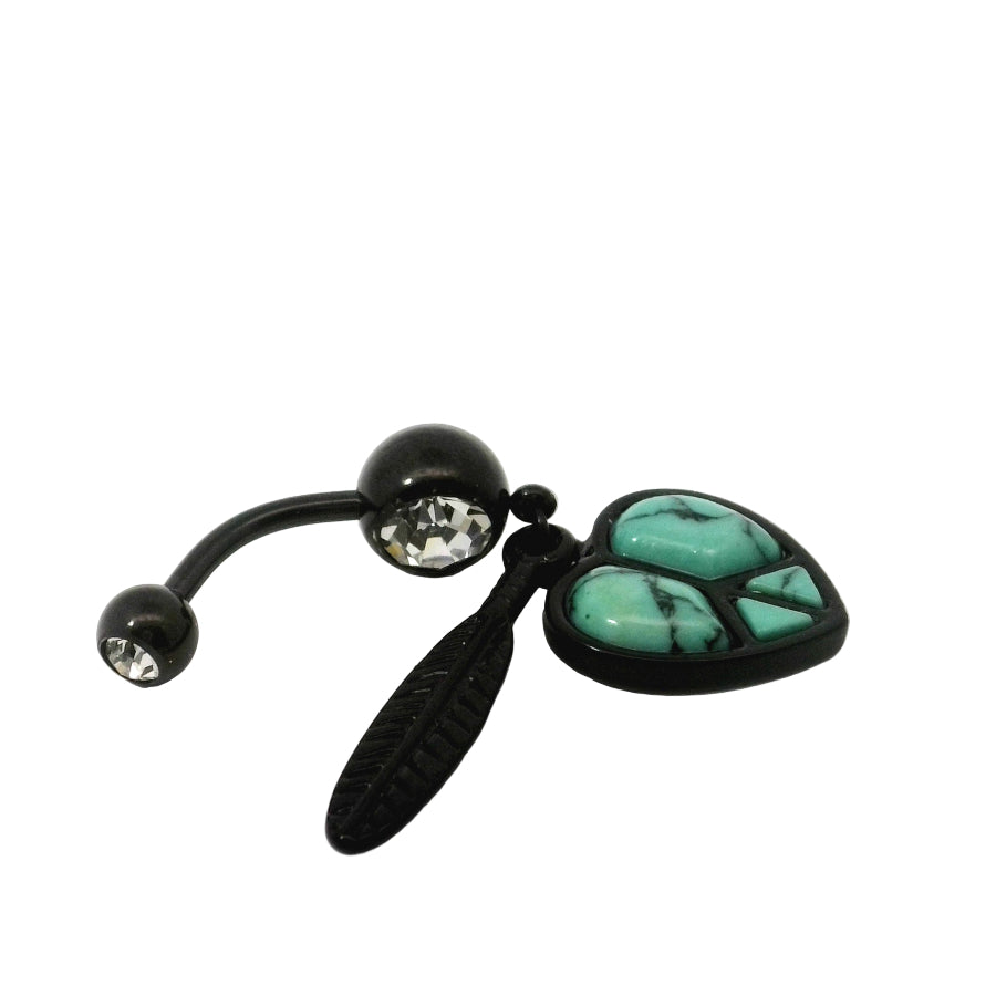 Black and turquoise navel jewellery piece on a white background