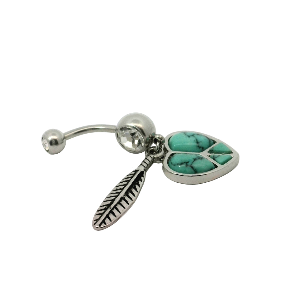 Belly button ring with turquoise stone and feather design on a white background