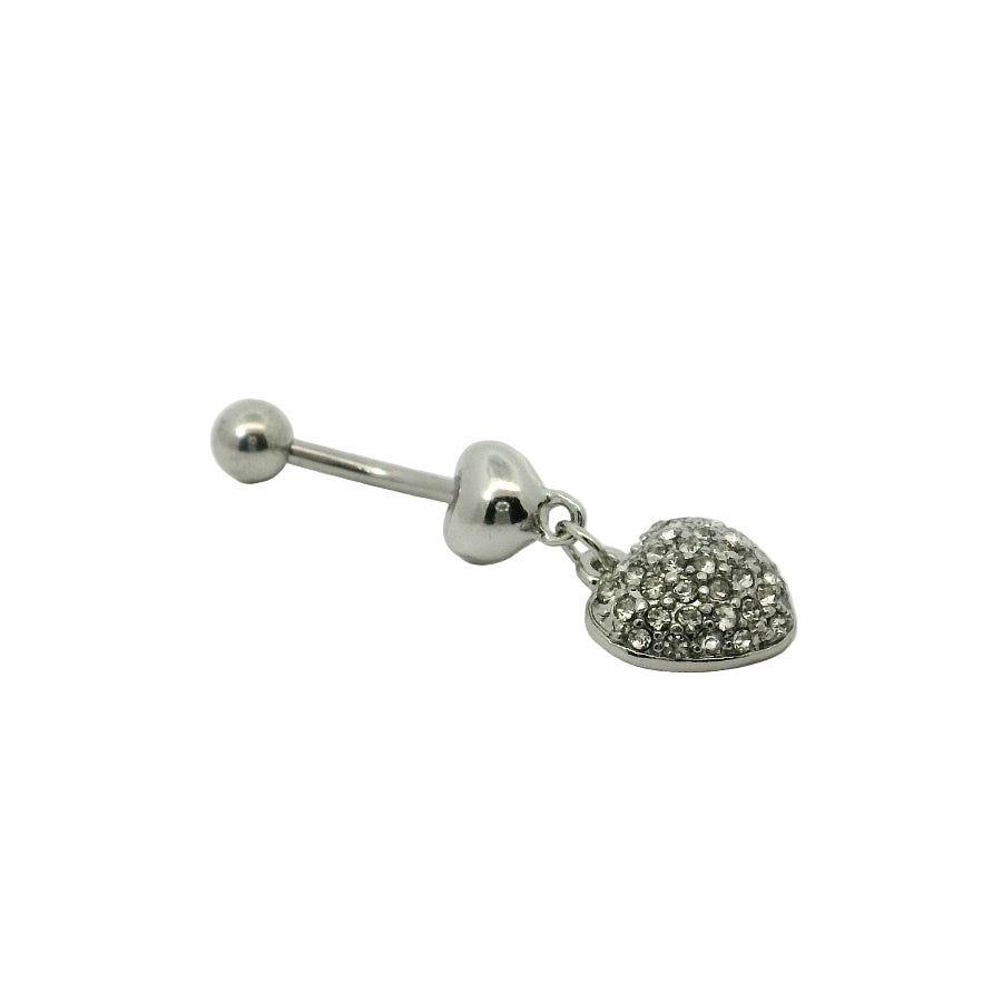 Silver belly button bar with a heart-shaped pendant on a white background