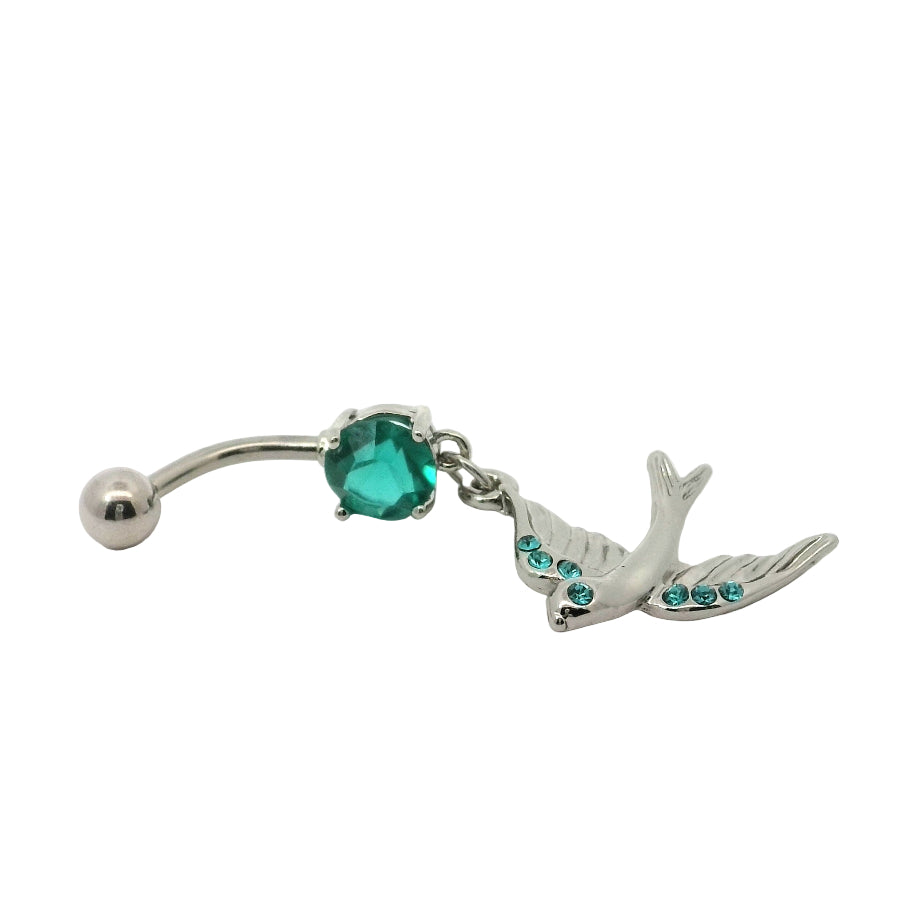 Silver belly buttonbar with green gem and feather design on a white background