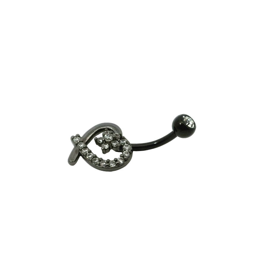 Black and silver belly button bar with gemstones on a white background