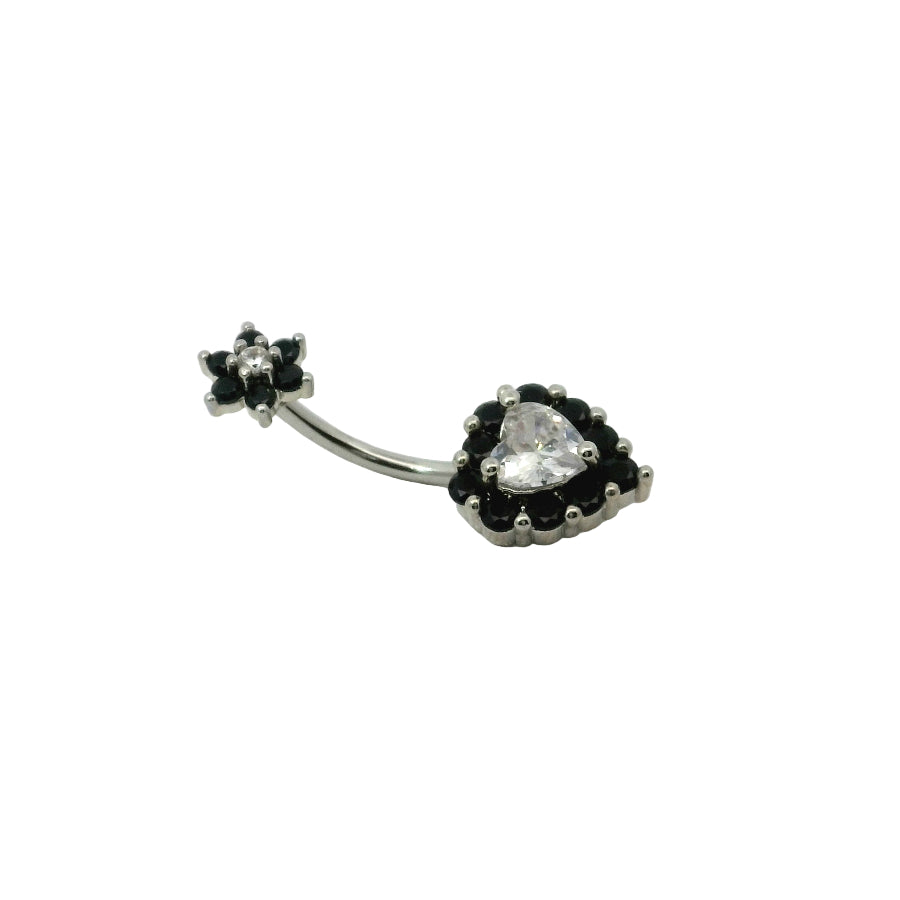 Navel bar with heart-shaped gem and black stones on a white background