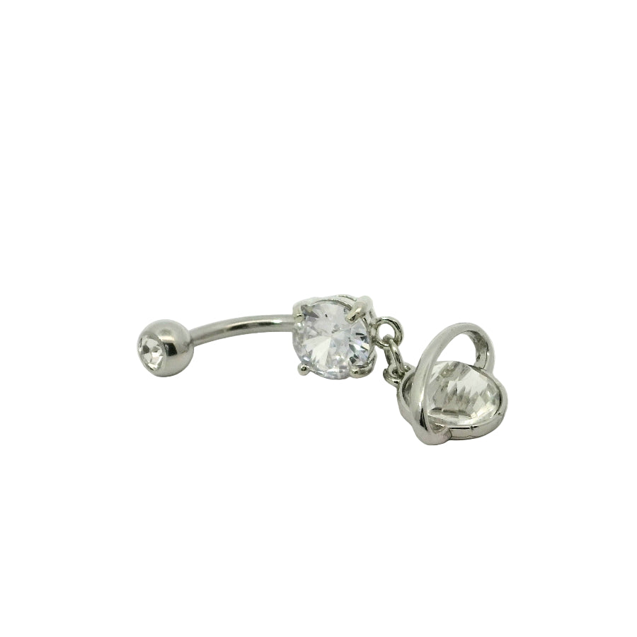 Silver Navel bar with a dangling gem in the shape of Saturn on a white background