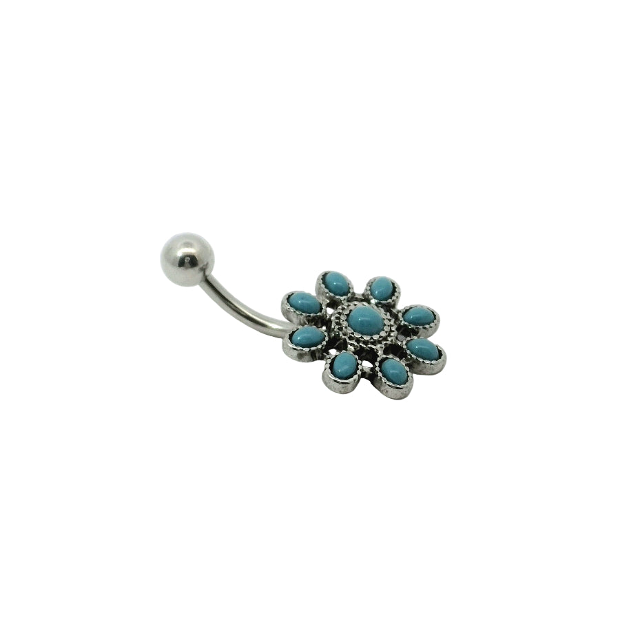 Belly button bar with turquoise stones on a white background