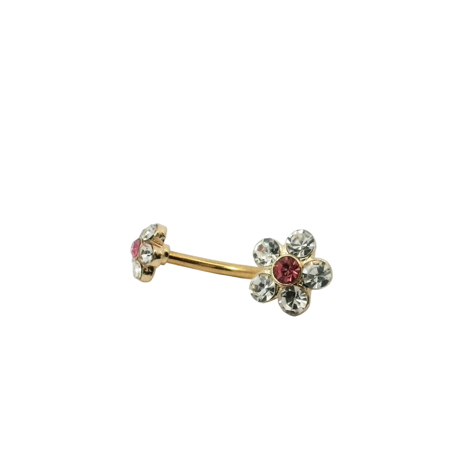 Gold belly button bar with floral design and red gemstones on a white background