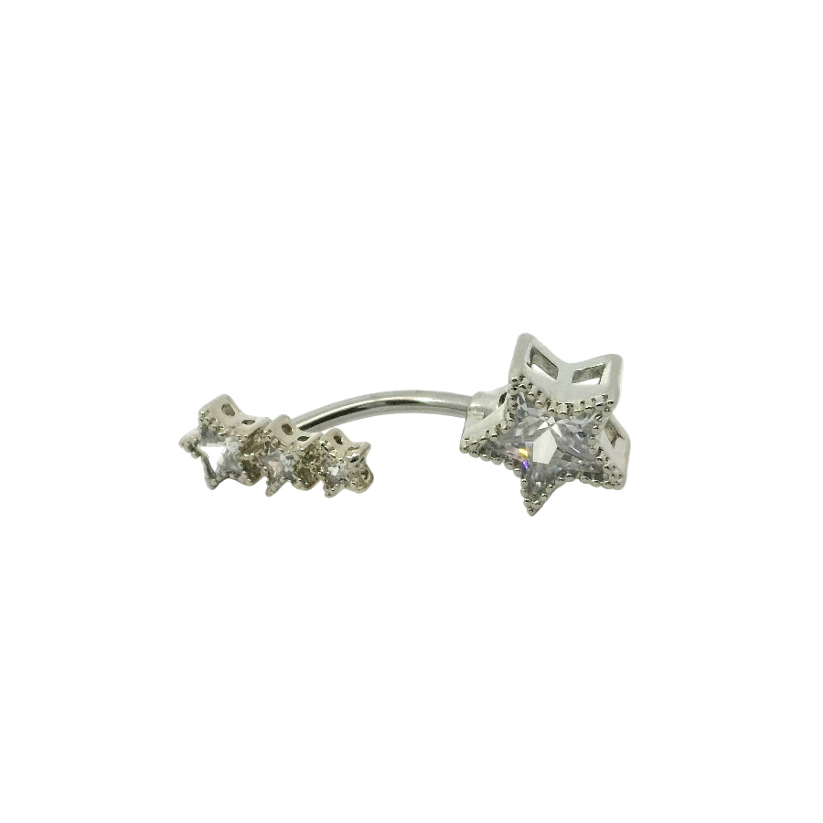 Star shaped navel bar with clear gem on a white background