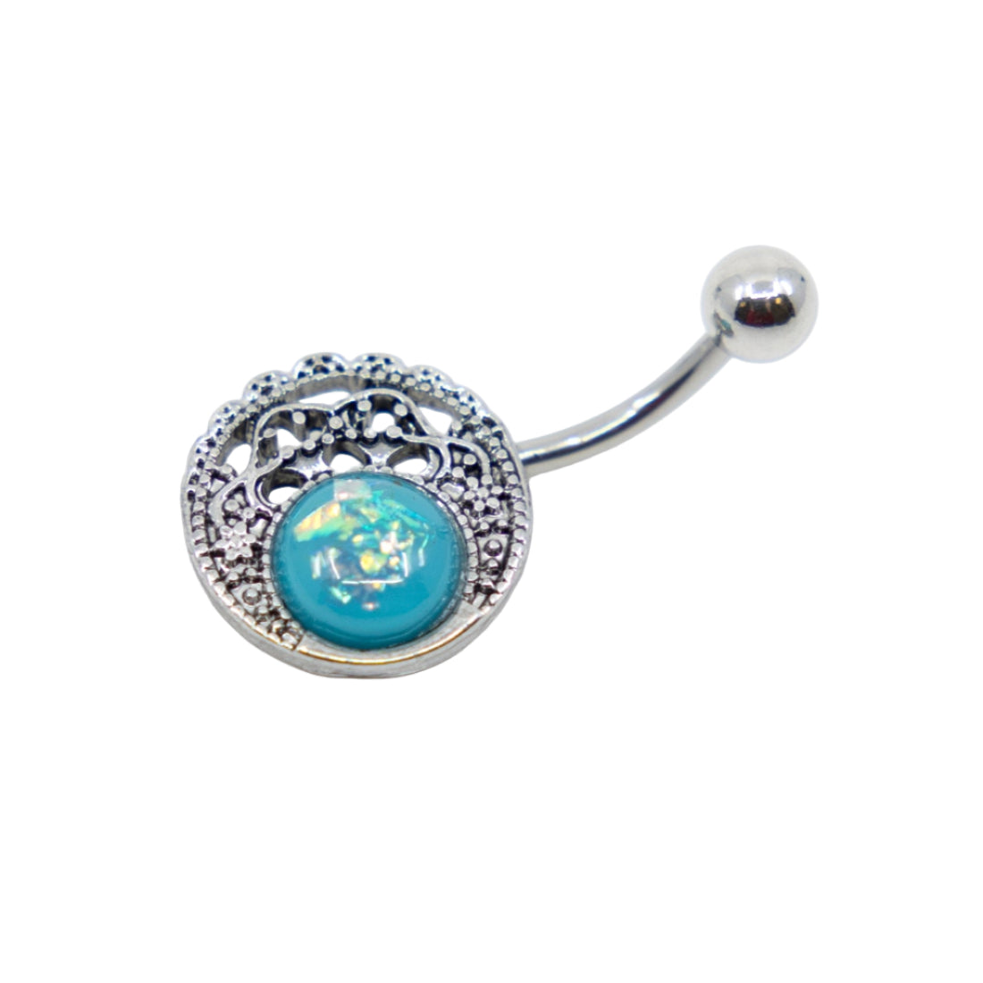 A belly button ring with a silver-colored band and a turquoise and silver ornate design on the front.