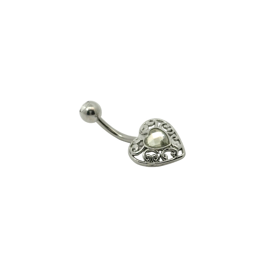 Heart-shaped belly button bar with gem center on a white background
