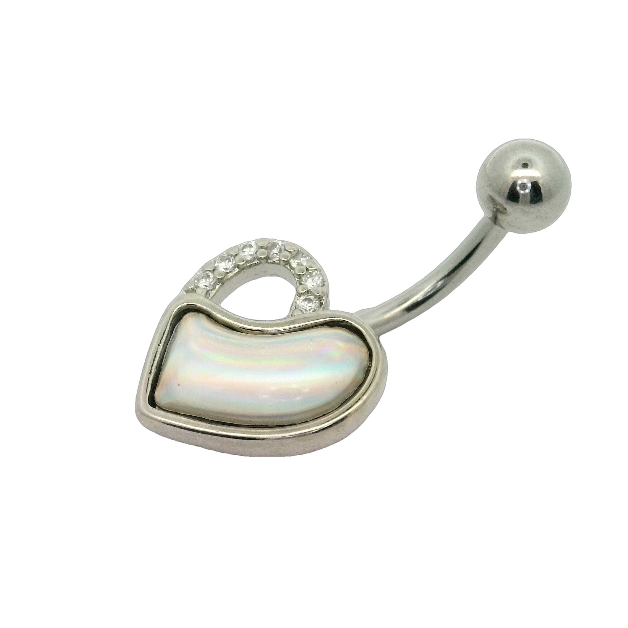Silver & Half Opal Heart Navel Bar