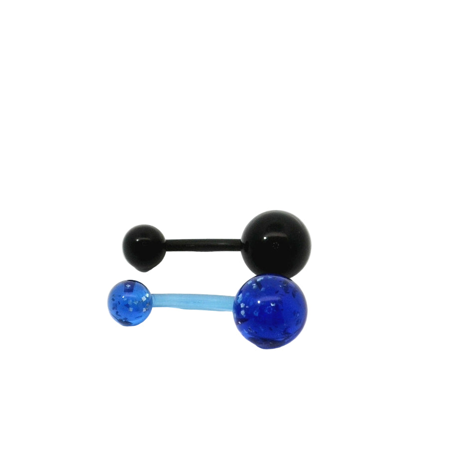 Pair of black and blue plastic navel bars on a white background