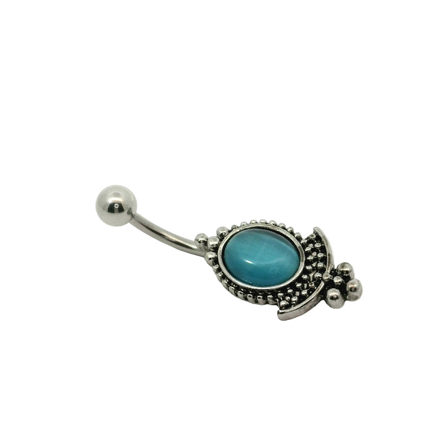 Navel bar with a blue gemstone on a white background