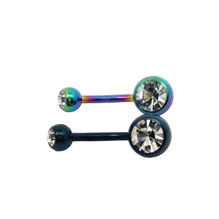 Two metallic navel bars with gemstones on a white background