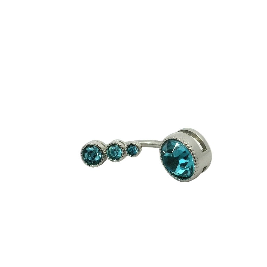 Silver navel bar with teal gem stones on a white background