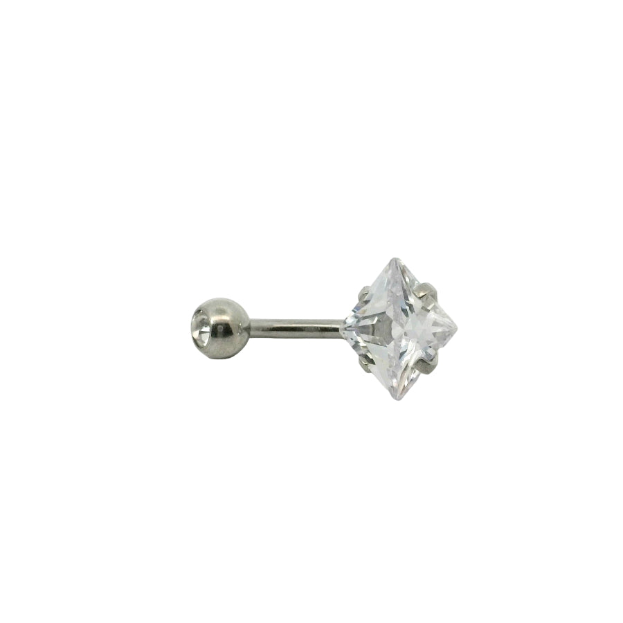 Belly button ring with a clear gemstone on a white background