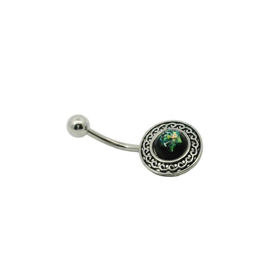 Belly button bar with a black gemstone and silver metal on a white background