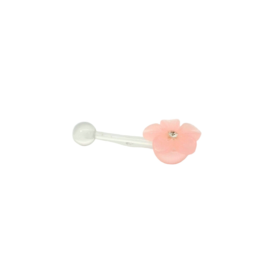 Belly buttonbarwith pink floral design on a white background