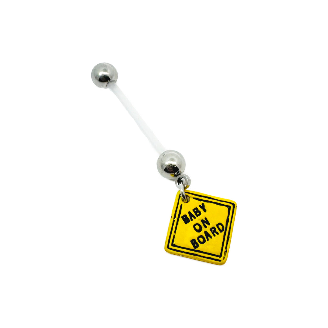 Belly button ring with 'Baby on Board' sign charm on a white background