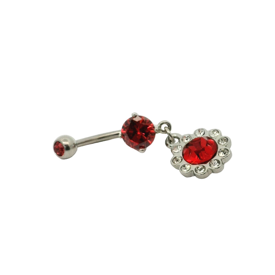 Belly button bar with red gemstones on a white background